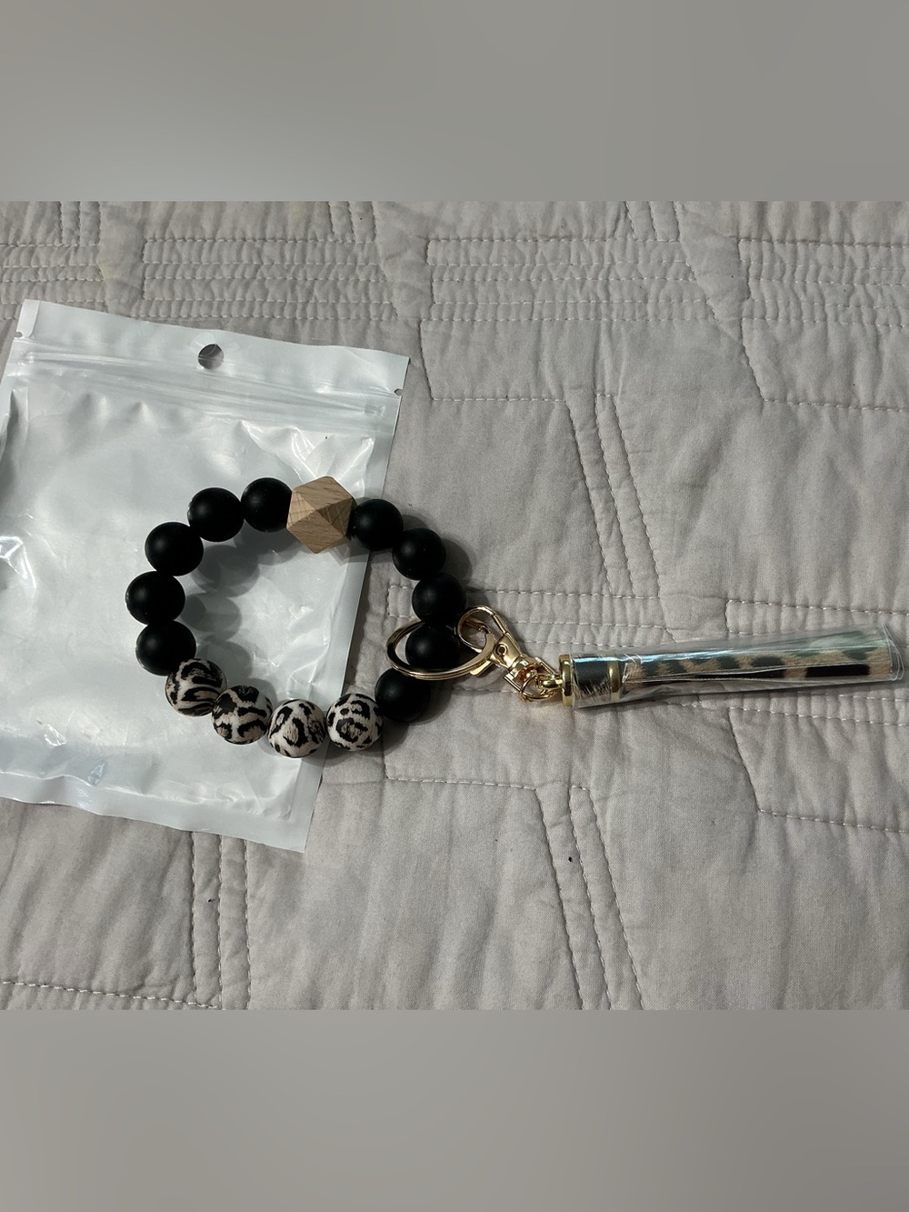 Black Beaded Leopard Accent Keyring Wristlet